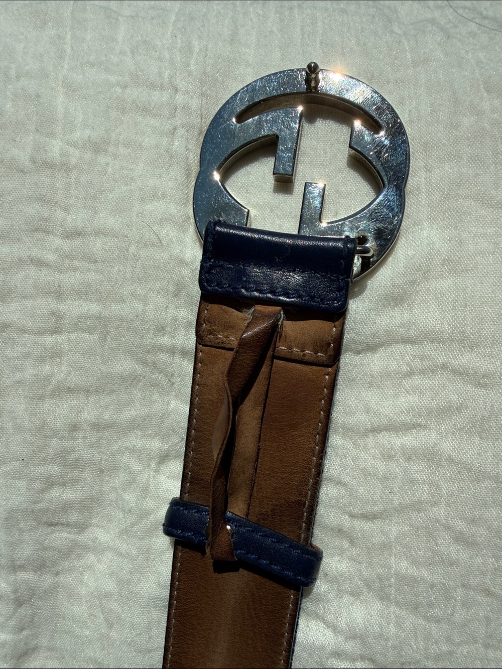 Gucci Navy Web Belt with Silver Double G Buckle - Picture 8 of 12